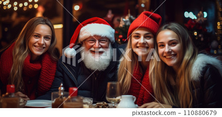 Group Of Friends Enjoying Christmas Drinks In Bar with Santa 110880679
