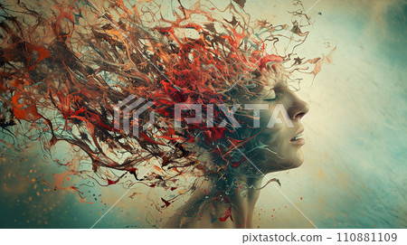 Surreal illustration of human head with explosion of chaotic shapes symbolized epilepsy. Generative AI. Surreal illustration of human head with explosion of chaotic shapes symbolized epilepsy. Generative AI. 110881109