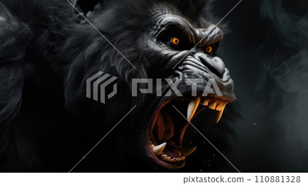 Silverback - adult male of a gorilla face. A gorilla appears to be angry, mouth open, yawning Silverback - adult male of a gorilla face. A gorilla appears to be angry, mouth open, yawning 110881328