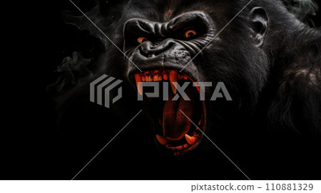 Silverback - adult male of a gorilla face. A gorilla appears to be angry, mouth open, yawning Silverback - adult male of a gorilla face. A gorilla appears to be angry, mouth open, yawning 110881329