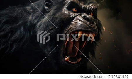 Silverback - adult male of a gorilla face. A gorilla appears to be angry, mouth open, yawning Silverback - adult male of a gorilla face. A gorilla appears to be angry, mouth open, yawning 110881332