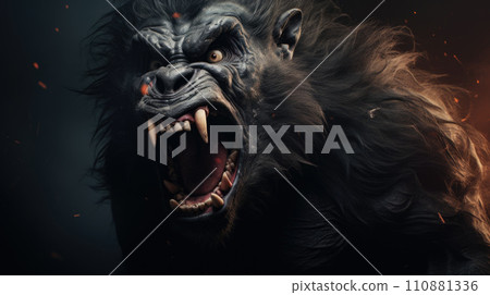 Silverback - adult male of a gorilla face. A gorilla appears to be angry, mouth open, yawning Silverback - adult male of a gorilla face. A gorilla appears to be angry, mouth open, yawning 110881336