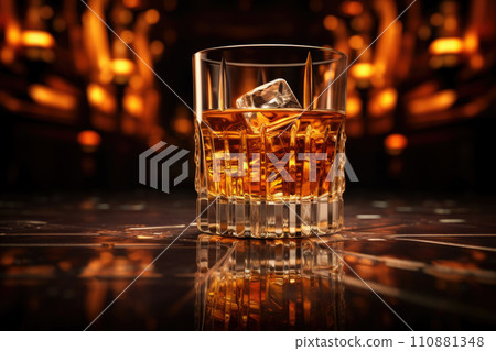 Glass of whiskey with ice cubes served on wooden planks. Vintage countertop with highlight and a glass of hard liquor 110881348