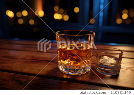 Glass of whiskey with ice cubes served on wooden planks. Vintage countertop with highlight and a glass of hard liquor 110881349