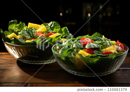 Seasonal summer vegetable salad in a glass bowl. Vegan organic food, dietary meal in a rustic style 110881379