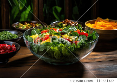 Seasonal summer vegetable salad in a glass bowl. Vegan organic food, dietary meal in a rustic style 110881382