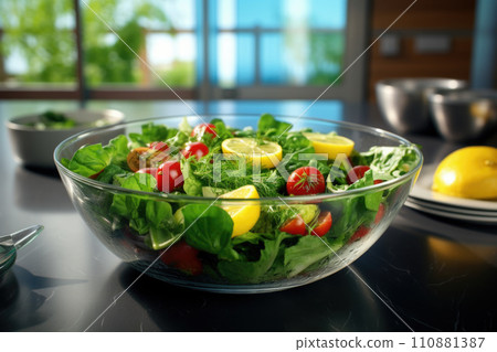 Seasonal summer vegetable salad in a glass bowl. Vegan organic food, dietary meal in a rustic style 110881387