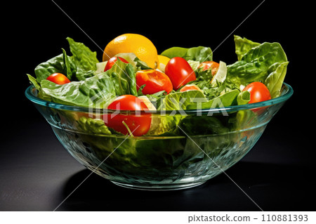 Seasonal summer vegetable salad in a glass bowl. Vegan organic food, dietary meal in a rustic style 110881393