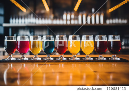 Close up of craft beer tasting flight at local brewery pint glasses in a row 110881413