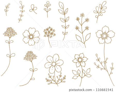 Hand-drawn line drawing floral material set (single color) 110881541