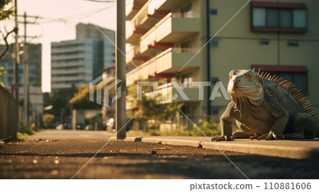 寵物鬣蜥逃跑並穿過住宅區 110881606