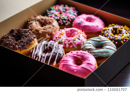 Assorted sweet donuts in a paper box. Assorted sweet donuts in a paper box. 110881707