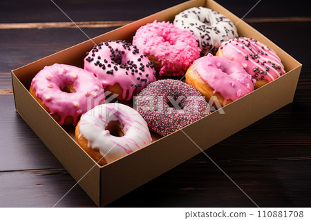 Assorted sweet donuts in a paper box. Assorted sweet donuts in a paper box. 110881708