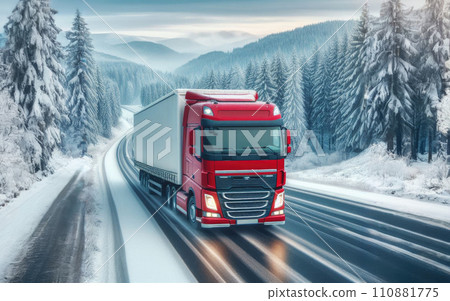 Red big rig commercial semi truck transporting cargo in dry van semi trailer running on the wet turning road with winter forest at snowing weather Red big rig commercial semi truck transporting cargo in dry van semi trailer running on the wet turning road with winter forest at snowing weather 110881775