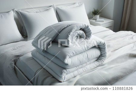 Luxury bedroom. King bed with white linens and pillows. Interior with view window, bed with white bed linen and curtains 110881826