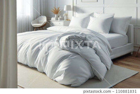 Luxury bedroom. King bed with white linens and pillows. Interior with view window, bed with white bed linen and curtains 110881831