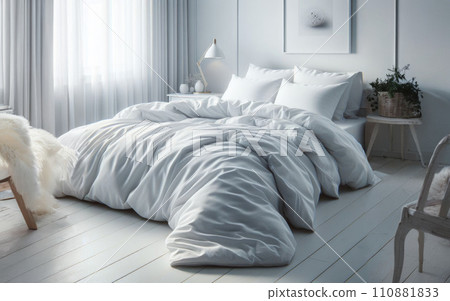 Luxury bedroom. King bed with white linens and pillows. Interior with view window, bed with white bed linen and curtains 110881833