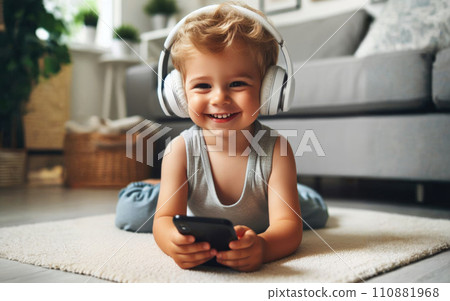 Happy smile Preteen boy kid using a smartphone and headphones for online learning, app social media, or playing a game 110881968