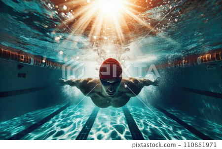 Woman Swimming Freestyle. Under water shoot of a woman swimming freestyle in olympic pool 110881971