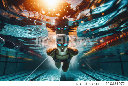 Woman Swimming Freestyle. Under water shoot of a woman swimming freestyle in olympic pool 110881972