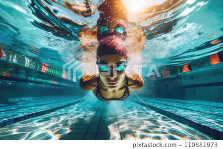 Woman Swimming Freestyle. Under water shoot of a woman swimming freestyle in olympic pool 110881973