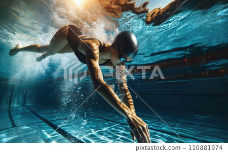 Female swimmer gushing through water in pool 110881974