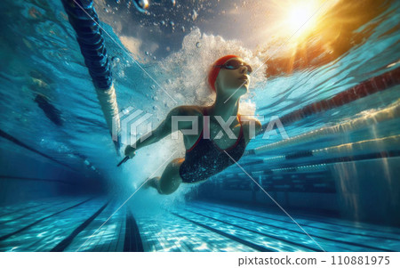 Female swimmer gushing through water in pool 110881975
