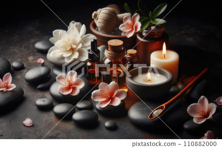 Variety of aroma essential oils in glass bottles with aromatic flowers on texture black background 110882000