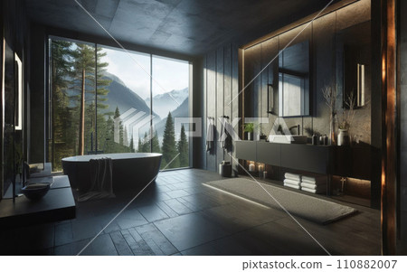 Big window with cityscape in modern black bathroom interior 110882007