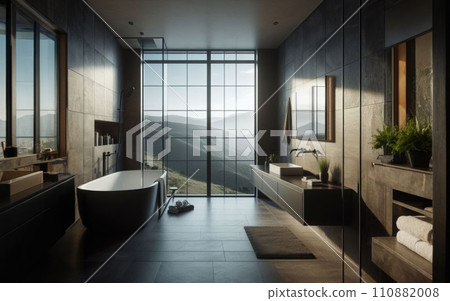 Big window with cityscape in modern black bathroom interior 110882008