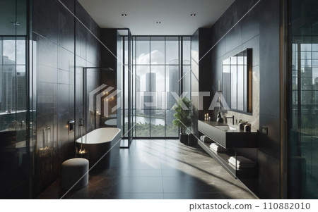 Big window with cityscape in modern black bathroom interior 110882010