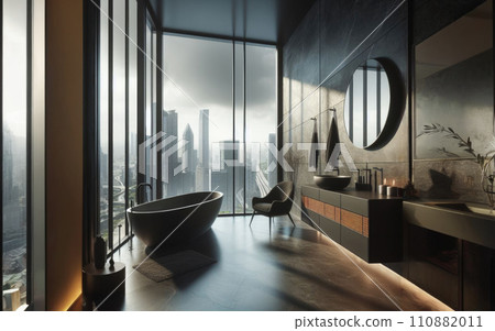 Big window with cityscape in modern black bathroom interior 110882011
