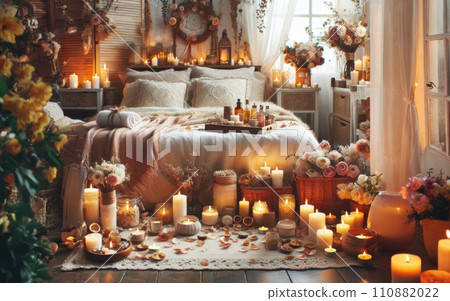 night interior of bedroom with flowers and burning candles 110882022