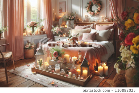 night interior of bedroom with flowers and burning candles 110882023