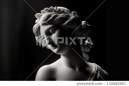 Ancient white marble sculpture head of young woman. Statue of sensual renaissance art era woman antique style Ancient white marble sculpture head of young woman. Statue of sensual renaissance art era woman antique style 110882061