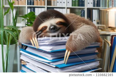 Lazy sloth sleeping at table in office 110882165