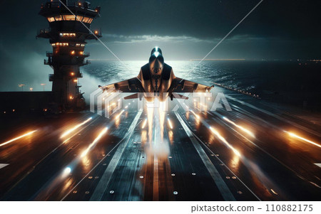 Fighter jet aircraft flying low over in lights at night. Army or military bomber airplane low pass fly by 110882175