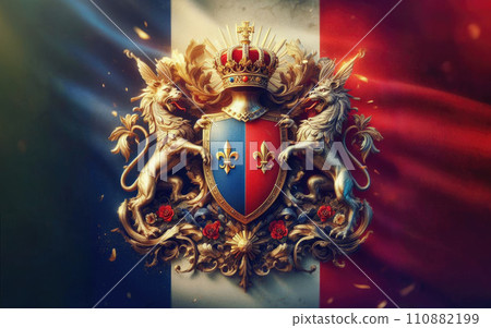 Emblem of France on the background of the developing flag of France 110882199