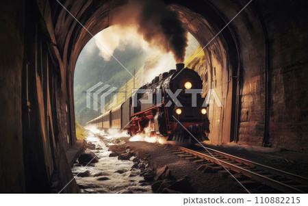 Old steam train pulling into a tunnel belching steam and smoke 110882215