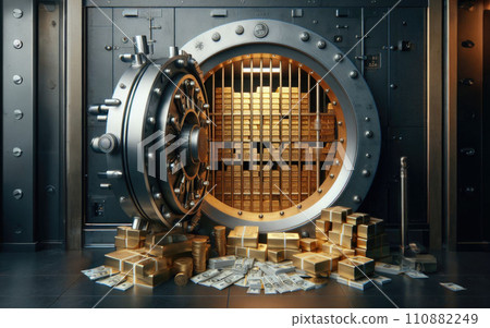 Open bank safe vault door with golden ingots peeking from inside 110882249