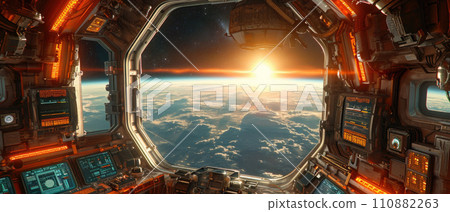 Window view of space and planets from a space station 110882263