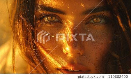 Close-up of a portrait of a pretty woman in the sunset light 110882400