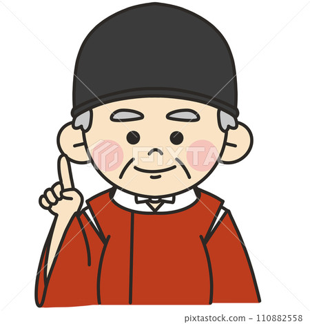 A priest wearing a vermilion robe and posing pointing 110882558