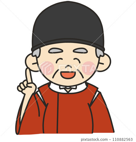 A priest wearing a vermilion kari gi poses with a finger and explains with a smile 110882563