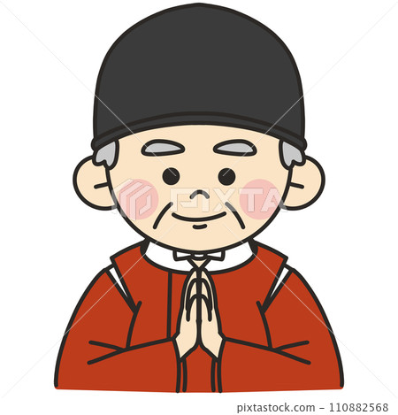 Illustration of a priest wearing a vermilion kari robe putting his hands together 110882568