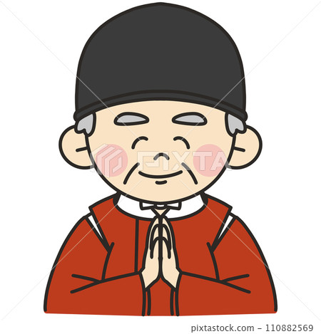 Illustration of a priest wearing a vermilion robe smiling and putting his hands together 110882569