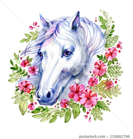 White Horse in floral plant spring frame, circle, wreath with peonies and roses isolated on white background. Portrait, head. Watercolor. Illustration 110882796