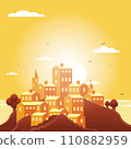 Creative Medieval town landscape with sun and clouds 110882959