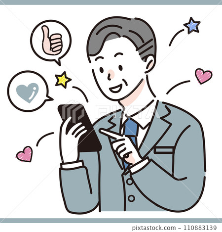 Male office worker enjoying SNS on smartphone Male office worker enjoying SNS on smartphone 110883139
