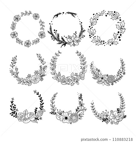 Contour hand drawn floral wreaths. Set of items 110883218